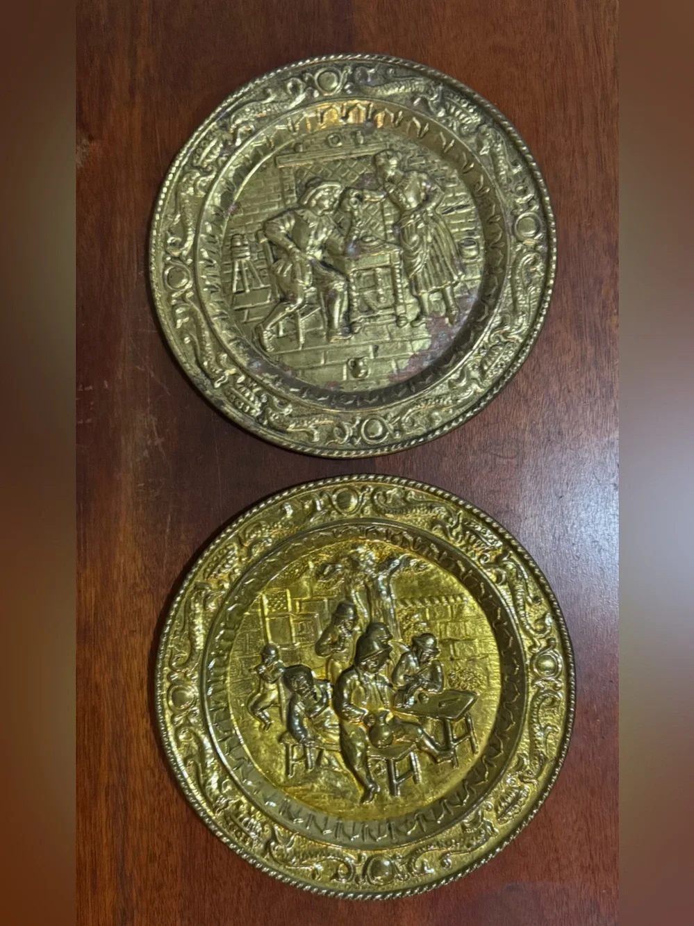 Vintage Peerage Brass Embossed Wall Plate Tavern Scenes (2pc)